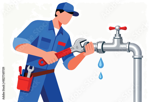 Illustration of a plumber in blue overalls, fixing a leaking faucet with a wrench. Water drops fall, tools visible