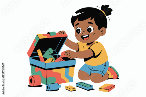 A smiling child with a ponytail opens a toy chest, surrounded by colorful blocks. Chest has an open lid