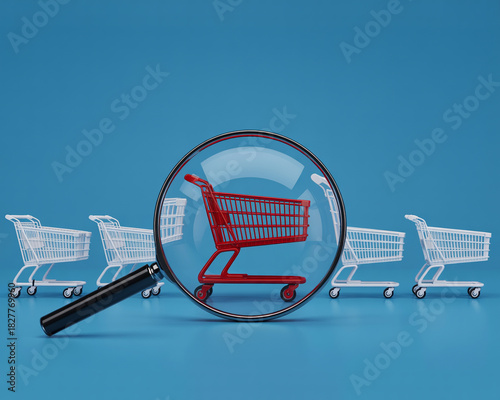 Magnifying glass focused on a red shopping cart among white carts