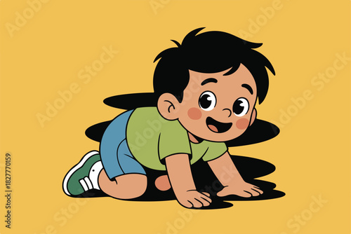 Cartoon depiction of a toddler crawling with a happy expression on a bright yellow backdrop