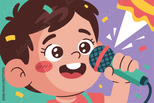Illustration of a cartoon child singing into a microphone with excitement and joy. Confetti floats around