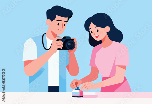 Vector illustration of a man taking a photo of a woman who is using a perfume bottle