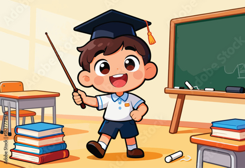 Illustration of a cartoon child in cap and gown, smiling, pointing with a pointer, classroom setting