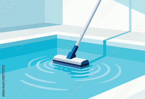 A blue-toned geometric illustration depicts a pool being cleaned with a brush, creating ripples in the water