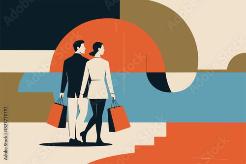 A couple walks away holding shopping bags, abstract background in shades of orange, blue, and brown