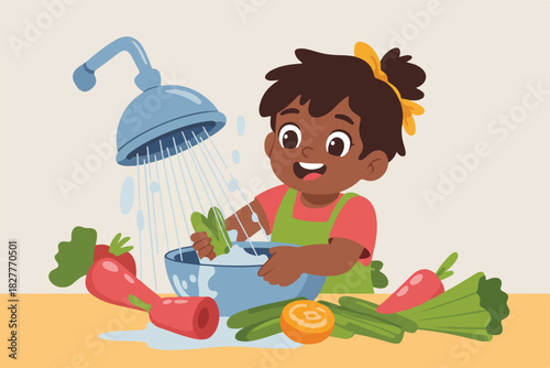An illustration shows a child washing vegetables under a shower head, preparing ingredients