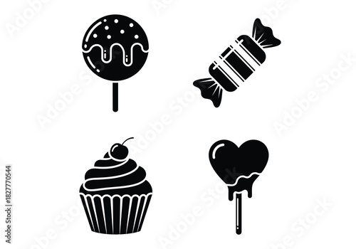 Set of four black and white candy and dessert icon