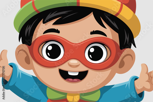 Cartoon depiction of a child with thumbs up gesture, wearing a red mask, green, red and yellow hat