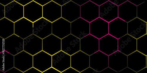 Dark hexagon abstract technology background with red colored bright flashes under hexagon. Hexagonal gaming vector