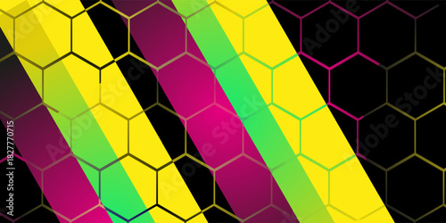 Dark hexagon abstract technology background with red colored bright flashes under hexagon. Hexagonal gaming vector