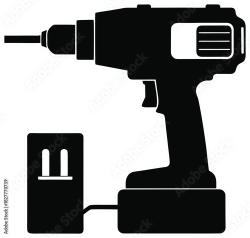 Cordless drill and battery charging station black silhouette