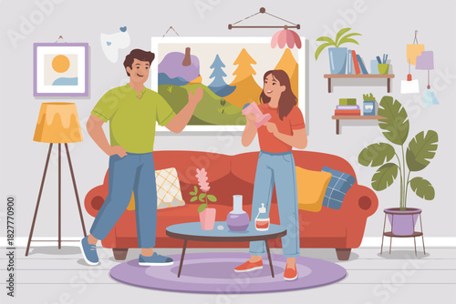 A couple stands in a vibrant living room, near a red couch, plants, a painting, and a round purple rug