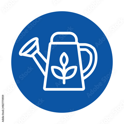 Simple Icon of a Watering Can with a Leaf Design on Blue Background