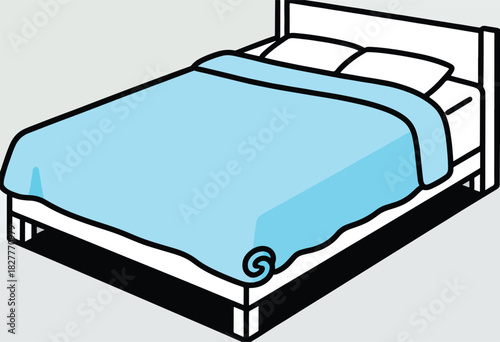 Isometric view of a bed with a light blue blanket. Two pillows and a headboard are also visible