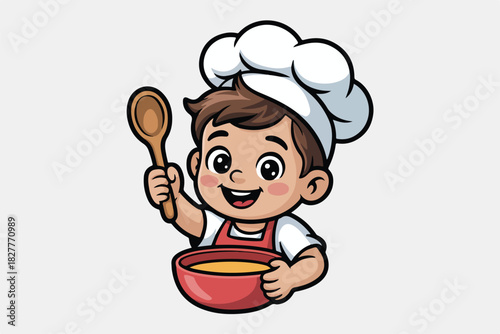 Cartoon chef boy with wooden spoon, smiling, holding bowl. Wears toque, red apron. Food prep. Vector