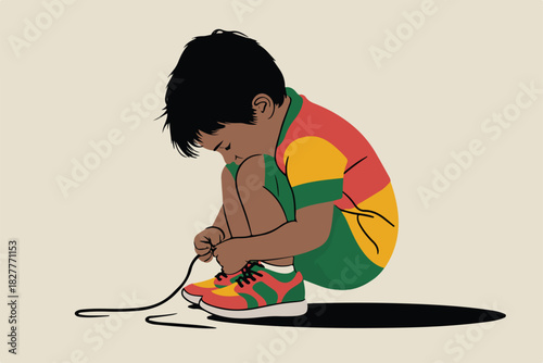 Illustration of a child tying their shoelaces. They wear a colorful shirt and sneakers, curled on the ground