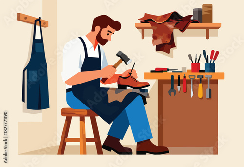 A bearded artisan, aproned, hammers a shoe on a stool in a workshop. Tools and materials surround him