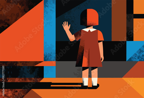 A stylized illustration depicts a figure waving in a geometric scene of flat colors and textured panels