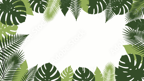 Vibrant tropical leaves vector frame illustration with various green foliage elements, creating a lush border ideal for summer greetings, invitations, or exotic design projects