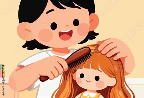 A smiling person combs the long, orange hair of a doll with big eyes, in a warm-toned, cartoon illustration