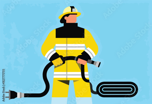 A stylized fireman in yellow gear holding a hose against a blue textured background. The hose ends as a coiled loop