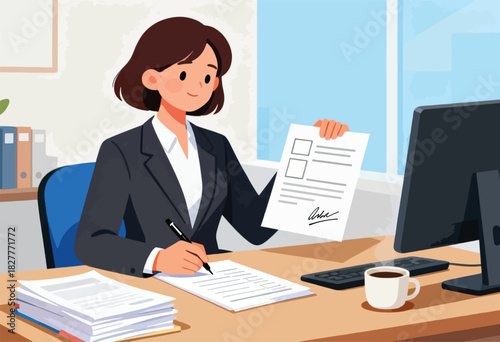 A smiling professional woman in a suit signs documents at her desk in an office setting. A cup of coffee is nearby