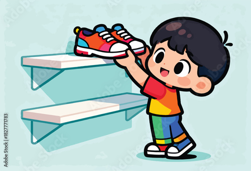 A cartoon child holds colorful sneakers near shelves. The child smiles broadly. Background features a light blue color