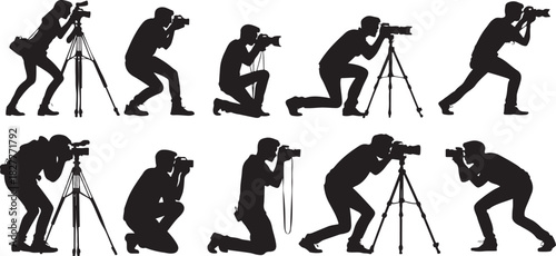 Silhouette of photographers in various poses with cameras and tripods