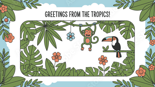 A charming vector postcard design featuring a tropical jungle scene with a monkey and toucan, framed by exotic plants and flowers