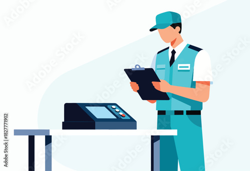 A uniformed person with a clipboard stands near a control panel on a desk. Illustration style with cool tones