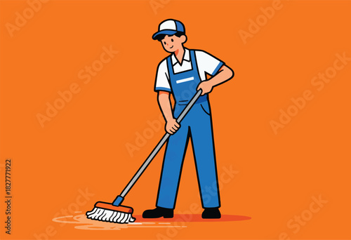 Illustration of a cartoon cleaner in overalls sweeping a wet floor against a vibrant orange backdrop