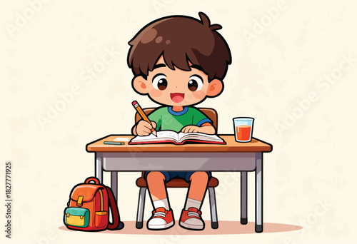 A cartoon boy is seated at a school desk, writing in a book with a pencil, a backpack rests near his feet