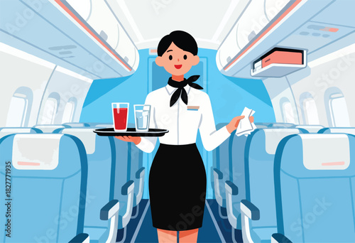 A cartoon stewardess with a beverage tray, offering drinks on a plane, smiling at the viewer
