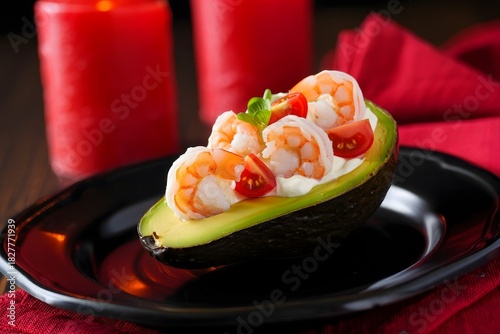 Avocado Filled with Shrimp, Cream Cheese, and Cherry Tomatoes - Appetizer or Light Meal