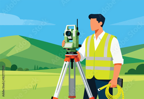 Illustration of a surveyor in a field using a theodolite. Features a landscape background with hills and blue sky