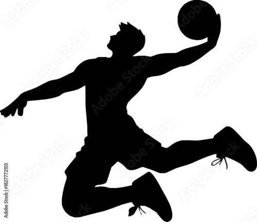 Basketball Player Jumping for Slam Dunk Silhouette.