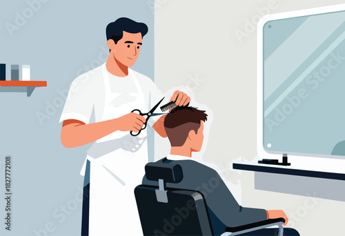 A barber, wearing an apron, cuts a customer's hair in a salon. A mirror, chair, and shelf are present