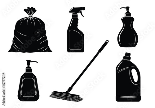 Silhouette collection of cleaning supply and trash bag icon