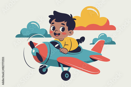 Cartoon boy joyfully piloting a vintage airplane in the sky, with cartoon clouds in the background