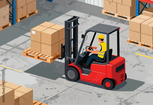 A red forklift truck transports a wooden pallet with a large cardboard box in a warehouse setting