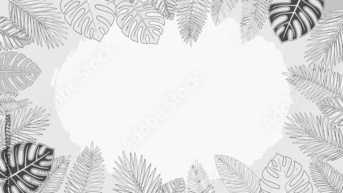 A black and white tropical leaf frame with copy space, an exotic jungle plant line art vector background illustration for design