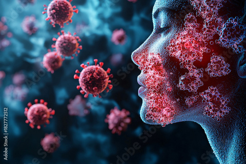 This striking image visually represents the effects of a virus, featuring a human face intertwined with vivid, red viral particles in a dramatic setting.