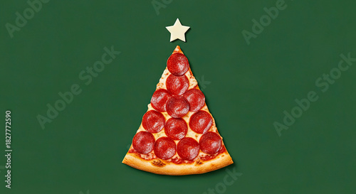 Festive Pepperoni Pizza Slice Arranged as a Christmas Tree on Green Background