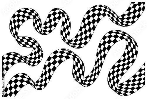  A bold black-and-white checkered ribbon twists and turns in a fluid, abstract composition. Ideal for modern design, motion graphics, and visuals requiring energy