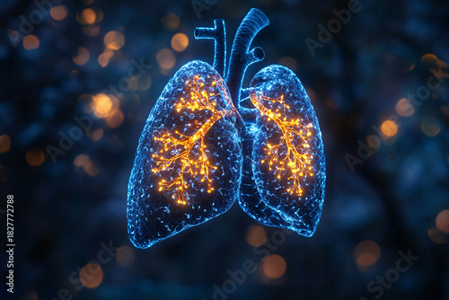 A stunning neon visualization of human lungs, glowing with intricate patterns of light against a blurred, dark background that evokes a sense of vitality and life.
