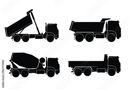 Set of four construction truck silhouettes isolated on white