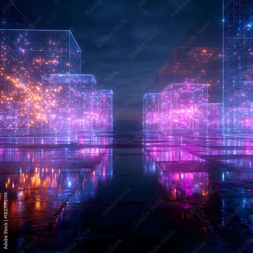 Obraz premium A futuristic scene featuring glowing, transparent cubes reflecting colorful lights on a wet surface under a dark sky.