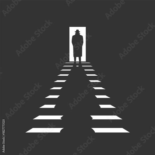 Detective stands in the doorway in front of the stairs down. The graphic symbol of a detective or spy. Shadow of man in a dark room on the stairs. Vector illustration