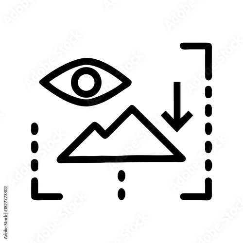 Minimalist icon of eye and mountain landscape, visual perception concept, black outline design
