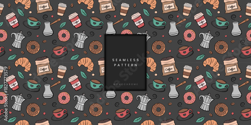 Seamless pattern of colored coffee bag croissant donut and cups on a dark background